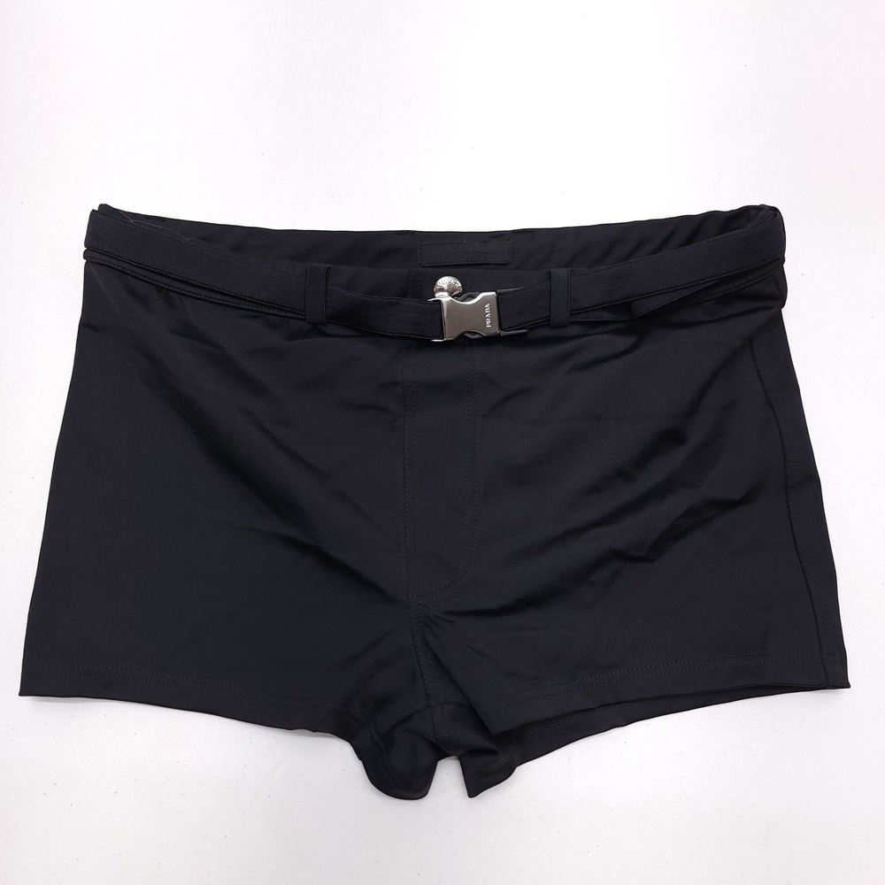 Prada Mens Swim Trunks Black Belted Logo Buckle Square Cut Made in Italy Size 50